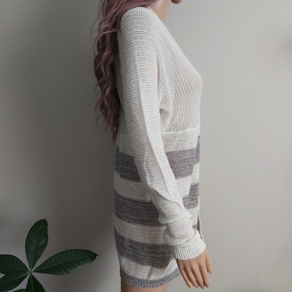 wild pearls cream gray stripes knit open cardigan long line 100% cotton - Picture 5 of 14